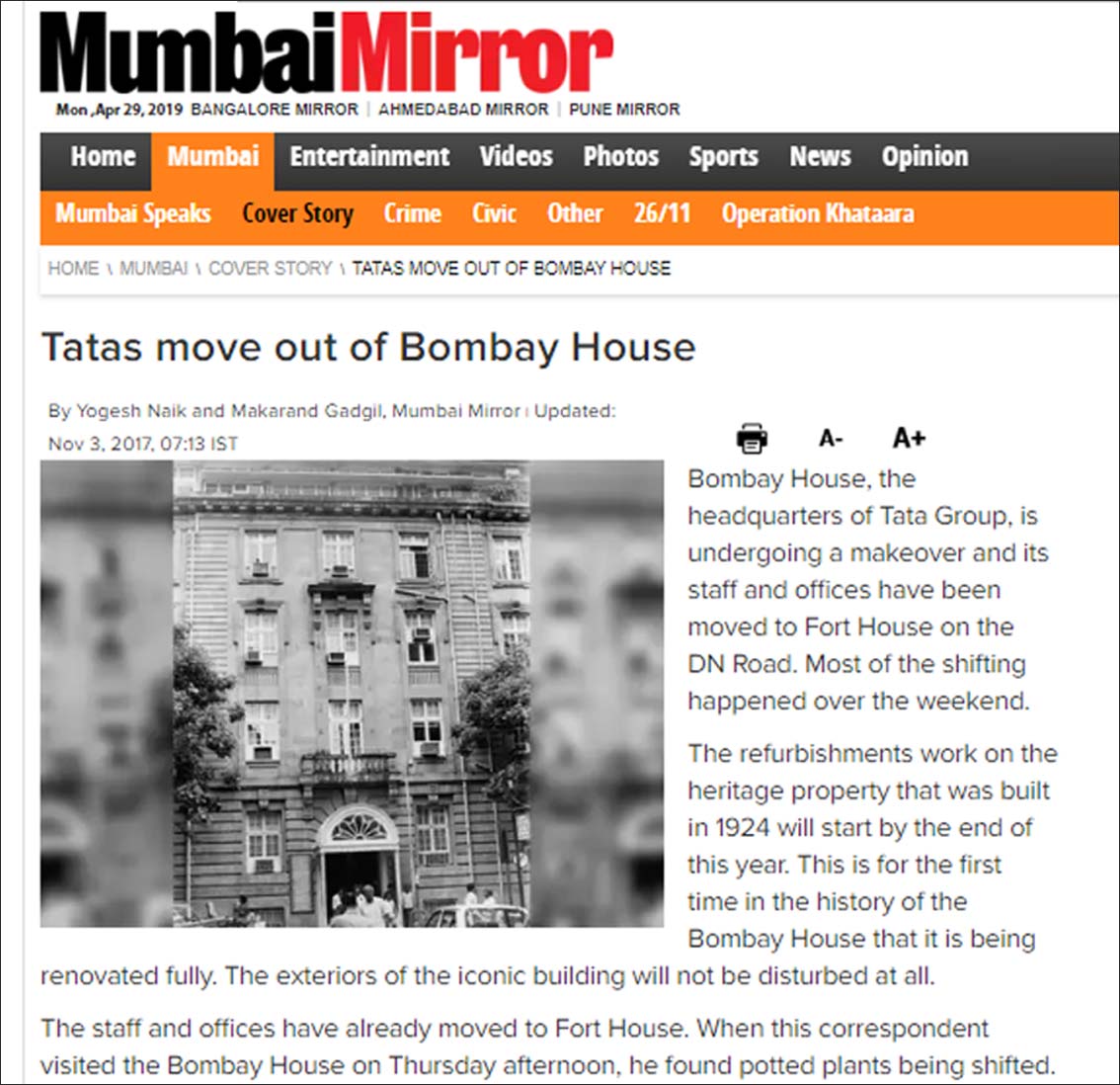 Tatas Move out of Bombay House, Mumbai Mirror - November 2017